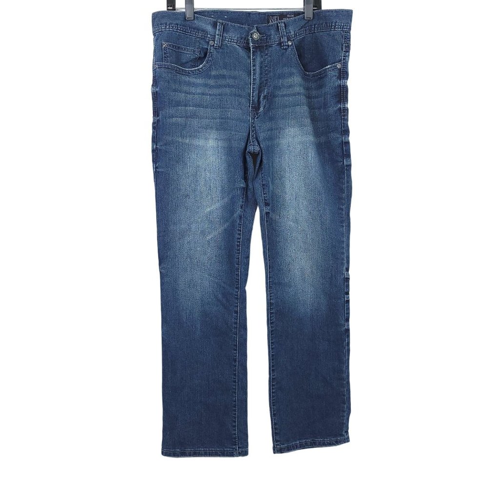 TK Axel Slim Straight Jeans Men Size 36 x 30 Altered Hem Stretch Dark Wash Denim